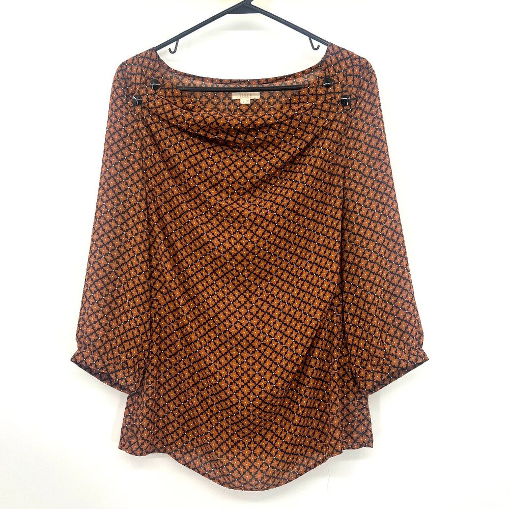 Tulle Black Orange Geometric Print Blouse Women's Large